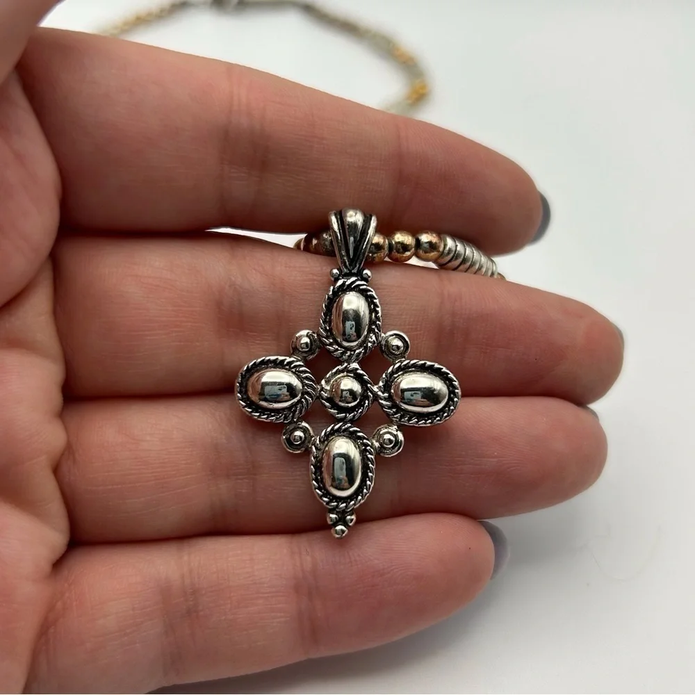 Vintage Napier Silver Tone Spiral Beaded with Bronze Beads Cross Flower Necklace